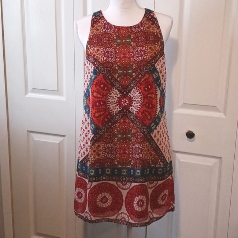 By & By‎ Multicolored Print Tank Mini Dress Oranges & Reds High Neck Size M